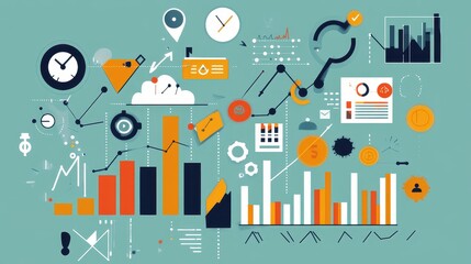 Obraz premium Business-themed background with a stock chart, corporate icons, and economic data, dynamic market trends. 