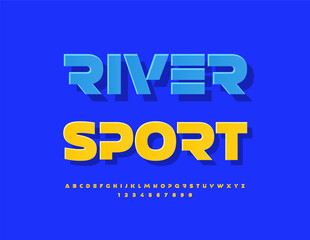 Vector Modern icon River Sport. Unique Yellow Sticker style Font. Cool Uppercase Alphabet Letters and Numbers set.
