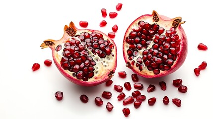 Vibrant pomegranate halves and scattered seeds showcase fruit's juicy interior