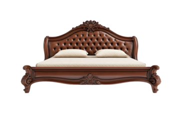 Wooden brown bed comfortable modern with pillow white and blanket on top isolated on cut out PNG or transparent background. Interior decoration for modern bedroom.