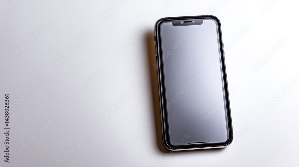 Aufkleber Close-up view of a smartphone featuring a blank white screen against a seamless white background, providing ample space for text or design elements