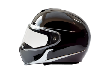 Genuine dark black full face motorcycle helmet with front windshield glass. Wearing motorcycle helmet has saved lives when in motorcycle accidents. isolated on cutout PNG or transparent background.	