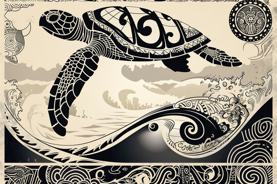 Polynesian tribal tattoo inspired black and white pattern with ocean wave motifs and turtle symbols, bold graphic style, seamless vector design