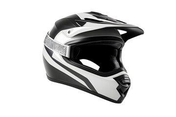 New modern racing helmet pattern black, white for motor racing isolated on cutout PNG or transparent background. Safety motorcycle accessories. Biker helmet safety driving.