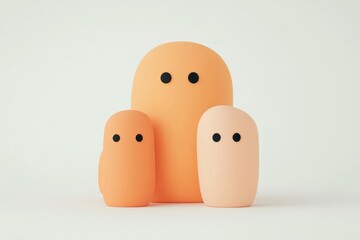 Three simple, rounded, cartoonish figures in soft, muted orange and peach tones stand in a row, featuring large, round bodies and small, black eyes.  A minimalist, pastel-colored composition