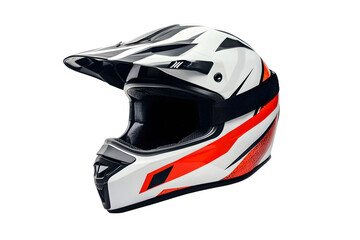 New modern racing helmet red and black white pattern for motor racing black glass mask. Safety motorcycle accessories. Biker helmet safety driving. Isolated on cutout PNG or transparent background.