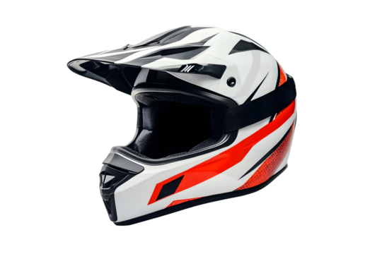 New modern racing helmet red and black white pattern for motor racing black glass mask. Safety motorcycle accessories. Biker helmet safety driving. Isolated on cutout PNG or transparent background.