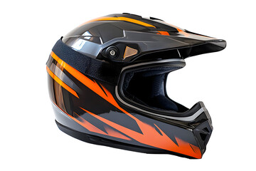 New modern racing helmet pattern orange, black with black glass mask for motor racing isolated on cutout PNG or transparent background. Safety motorcycle accessories. Biker helmet safety driving.