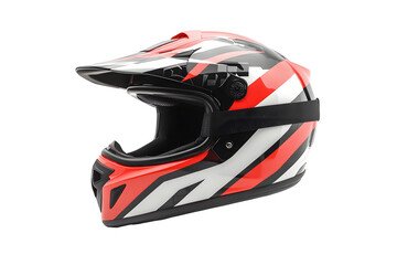 New modern racing helmet red and black white pattern for motor racing black glass mask isolated on cutout PNG or transparent background. Safety motorcycle accessories. Biker helmet safety driving.