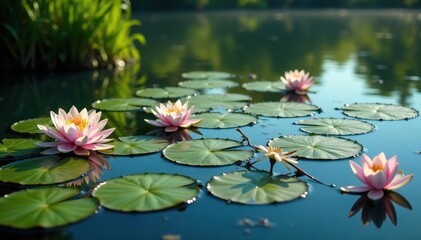 Water lilies forming a natural floral pattern across a still lake, natural, reflection