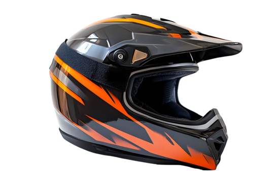New modern racing helmet pattern orange, black with black glass mask for motor racing isolated on cutout PNG or transparent background. Safety motorcycle accessories. Biker helmet safety driving.