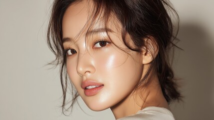 Closeup Portrait of a Young Woman with Soft Lighting and Neutral Background