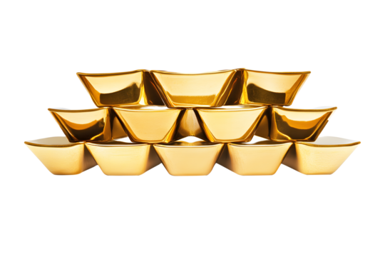 Ancient Chinese gold bars shining yellow isolated on cutout PNG or transparent background.  Business flourishes bring in wealth and treasure. Words on gold bar is chinese words which means.