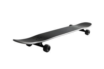 Wooden Skateboard black featuring abstract isolated on cutout PNG or transparent background. Sport inspired summer fun concept. Plastic mini cruiser beautiful color patterns.