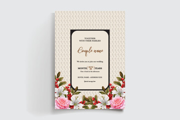 WEDDING INVITATION FRAME WITH FLOWER DECORATIONS AND FRESH LEAVES