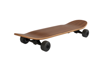 Wooden Skateboard brown featuring abstract. Sport inspired summer fun concept. Plastic mini cruiser beautiful color patterns. Isolated on cutout PNG or transparent background.