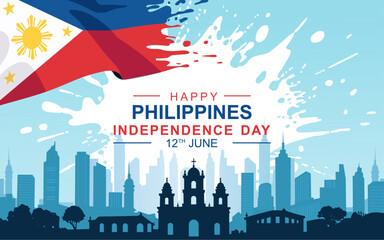 Philippines Independence Day 2025.Horizontal Banner illustration of Philippines independence day celebration with philippine flag in pant splash, silhouettes of old buildings and modern skylines.