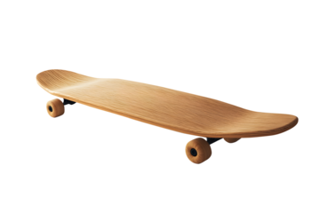 Wooden Skateboard light brown featuring abstract with casters. Sport inspired summer fun concept. Plastic mini cruiser beautiful color patterns. Isolated on cutout PNG or transparent background.