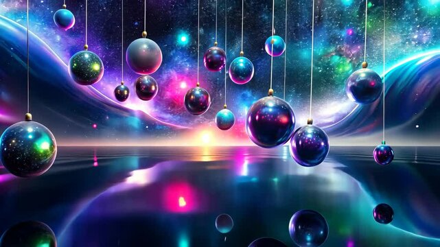 Mesmerizing cosmic ornaments dangle above a tranquil, reflective ocean under a vibrant, starry sky.