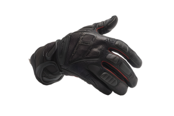 Black leather motorcycle gloves with red accents. For safety and comfort during rides. Sports accessories for motorcycle racing. Isolated on cutout PNG or transparent background. 