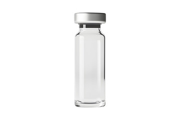 Clear glass vaccine or medicine bottle with sleek and elegant design isolated on cut out PNG or transparent background. Medical Science Technology. Shows bottle premium pharmaceutical concept. 