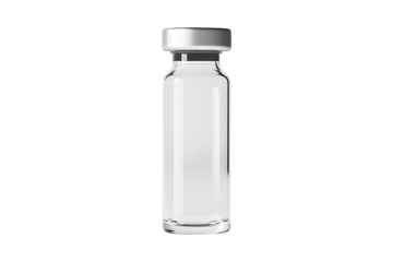 Clear glass vaccine or medicine bottle with sleek and elegant design isolated on cut out PNG or transparent background. Medical Science Technology. Shows bottle premium pharmaceutical concept. 