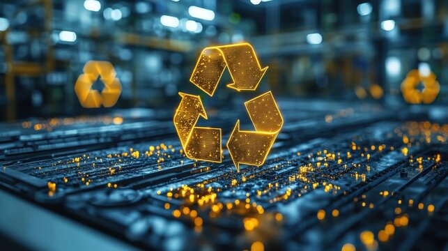 Futuristic recycling facility with glowing symbols, showcasing innovation and sustainability efforts