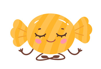 Vector flat illustration of a cute yellow candy character meditating with arms and legs and closed eyes