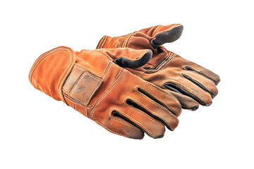 Old dirty leather protective gloves or work gloves yellow, orange isolated on cutout PNG or transparent background. Protect hands from danger while working. Protect your hands from accidents safety.