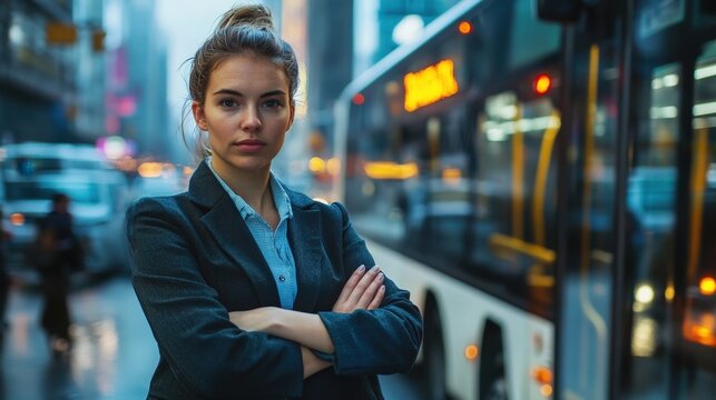 A professional young female bus driver, with her arms crossed, posing in front of her bus, conveying strength and dedication in a busy city setting.