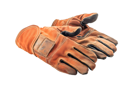 Old dirty leather protective gloves or work gloves yellow, orange isolated on cutout PNG or transparent background. Protect hands from danger while working. Protect your hands from accidents safety. - Powered by Adobe