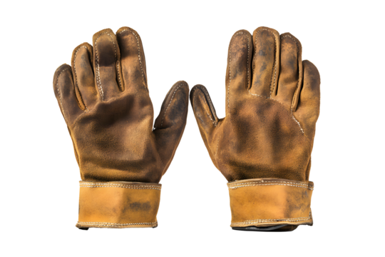 Old dirty leather protective gloves or work gloves yellow. To protect hands from danger while working. Protect your hands from accidents safety. Isolated on cutout PNG or transparent background.