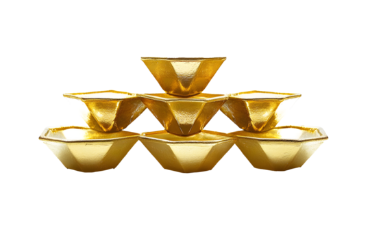 Gold bars shining yellow ancient Chinese isolated on cutout PNG or transparent background. Words on gold bar is chinese words which means to business flourishes bring in wealth and treasure.