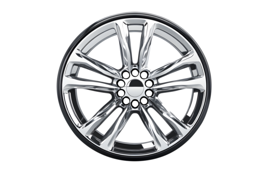 Wheel alloy car wheels rim silver chrome or mag wheel high. Transport vehicles transportation. Car accessories. Performance auto part decoration. Isolated on cut out PNG or transparent background. 