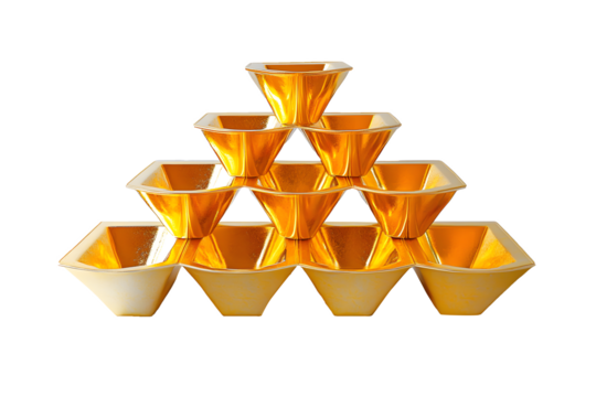 Ancient Chinese gold bars shining yellow. Words on gold bar is chinese words which means to business flourishes bring in wealth and treasure. Isolated on cutout PNG or transparent background.