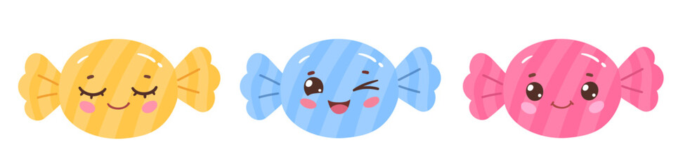 Vector flat illustration of three cute colorful candy characters smiling with different emotions
