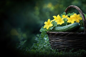Fresh Cucumbers in a Basket with Flowers