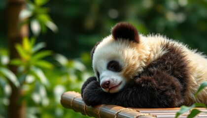 Obraz premium Adorable Baby Panda Sleeping on Bamboo
