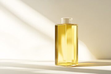 Vegetable oil or olive in small bottle plastic clear tall with white lid on white background. Packaging template filled. Copy space. Design presentation, organic food for cooking. 