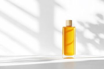 Vegetable oil or olive in small bottle plastic clear cylinder tall with white lid on white background. Design presentation, organic food for cooking. Packaging template filled. Copy space.