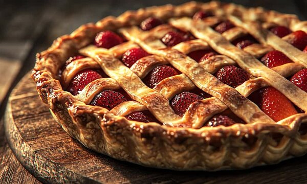 Freshly baked strawberry pie on a wooden board with a rustic background showcasing kitchen tools