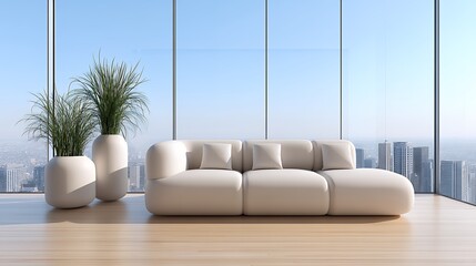 Modern Minimalist Living Room with White Sofa and City View