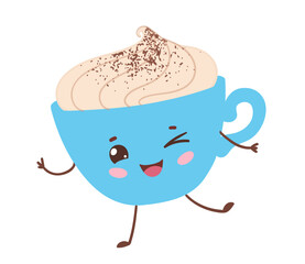 Vector flat illustration of a cute blue cappuccino cup character with arms and legs, whipped cream topping smiling and winking