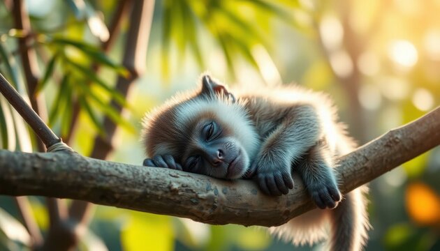 Sleepy Baby Monkey Napping on a Branch