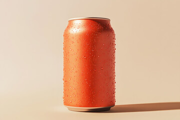 Aluminum light red soda can cold water droplets cling light through with light shadow on white background. Bottle soft drink pattern. Composition suitable for advertising and brand purposes.