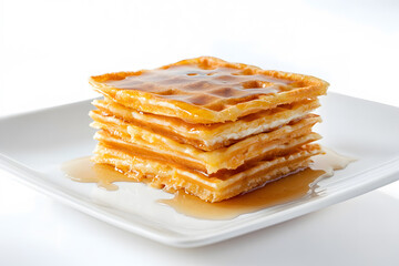 Viennese fresh waffles drizzle with honey on top in white ceramic dish. Isolated on white background. Dessert made from two strips of dough. American Waffles are square in shape.
