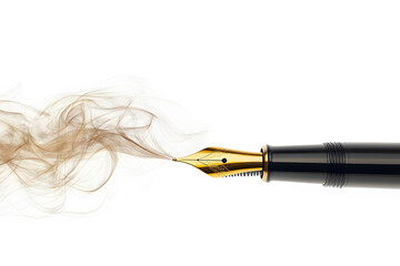 Stylish black fountain black pen on white background. Fountain pen is that can hold ink in cartridge. Realistic equipment stationery template pattern. Tip of pen flicks brown ink all over area.