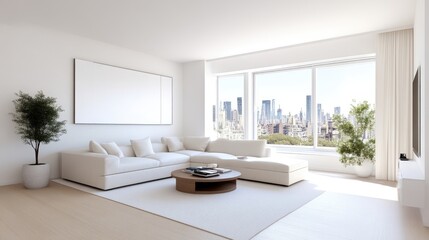 Modern, minimalist living room with city views.  Spacious, bright, and airy interior design