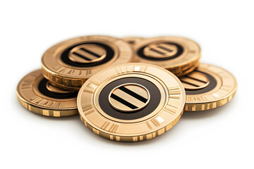 Stack of gold-colored coin gambling chips on white background. Game Money. Award Icons. Concept poker or casino. Playing chips or token.  Banner for web app or site.