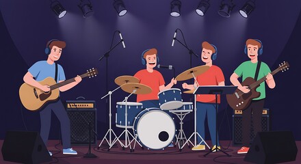 Fototapeta premium Band Playing Music on Stage with Instruments and Spotlights